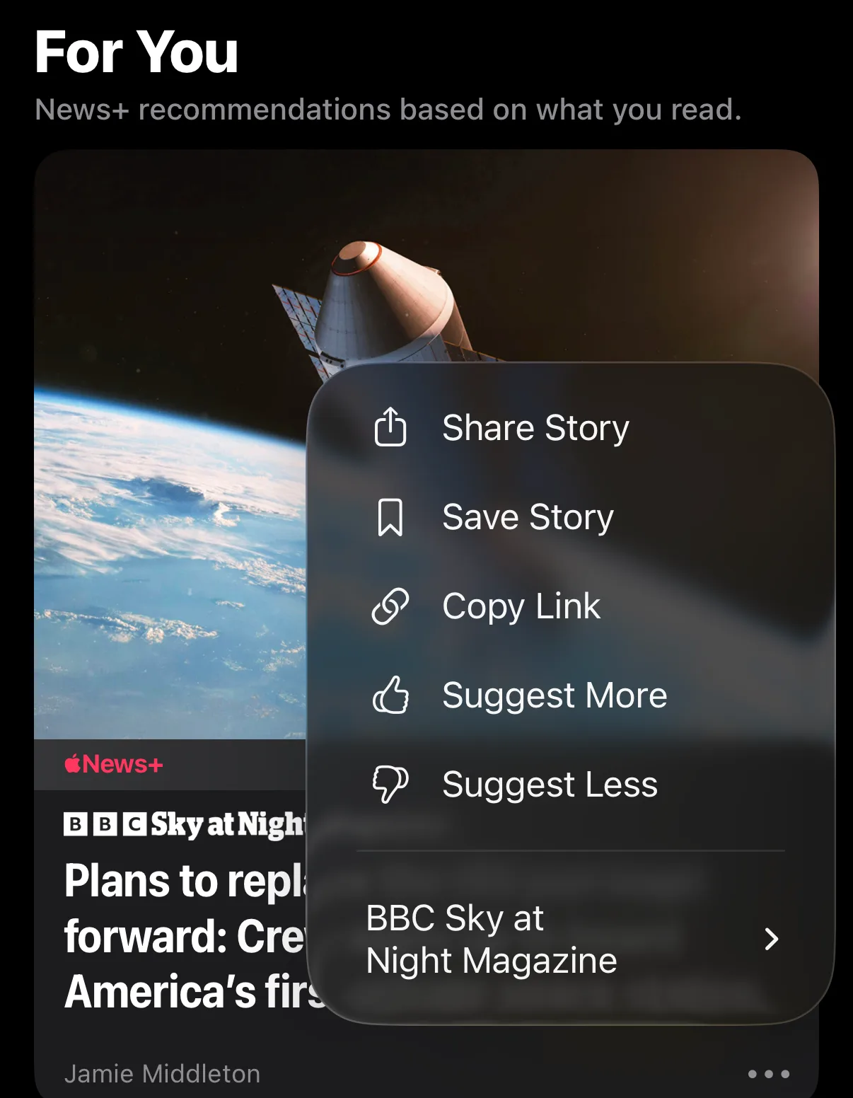 Apple News For You feed showing the Suggest More and Suggest Less recommendation controls.