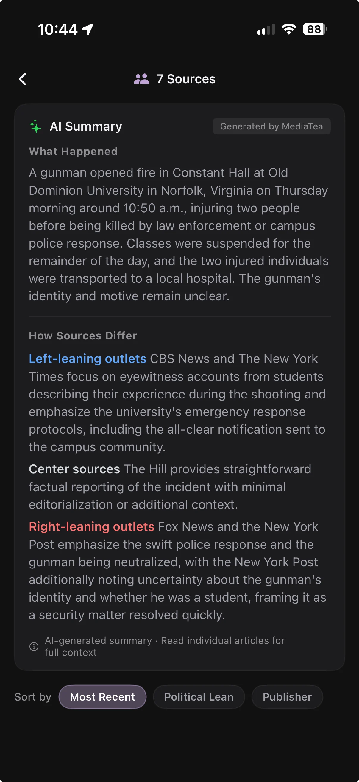An early MediaTea AI Summary presenting what happened and comparing how left, center, and right sources framed a university shooting.