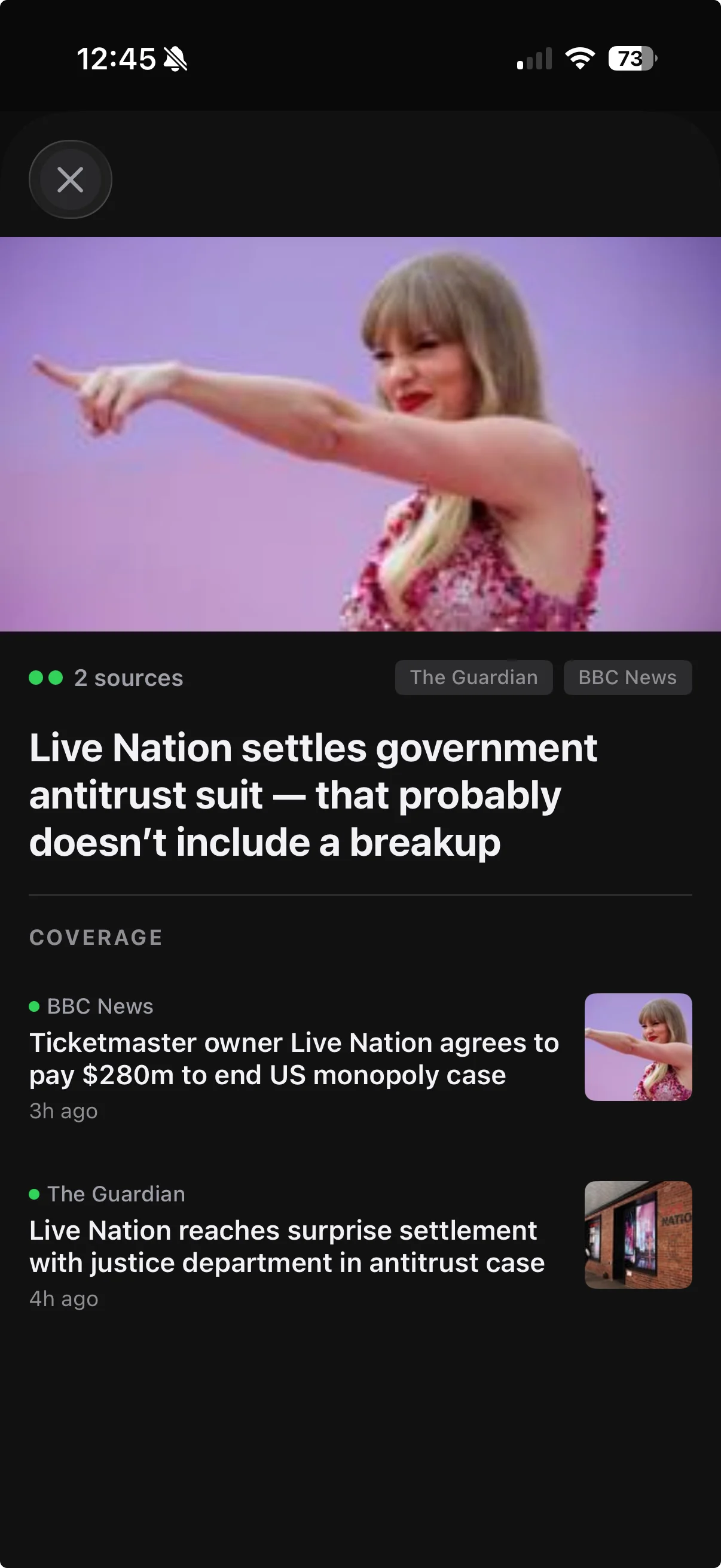 An early MediaTea Story view grouping BBC News and The Guardian coverage of a Live Nation antitrust settlement.