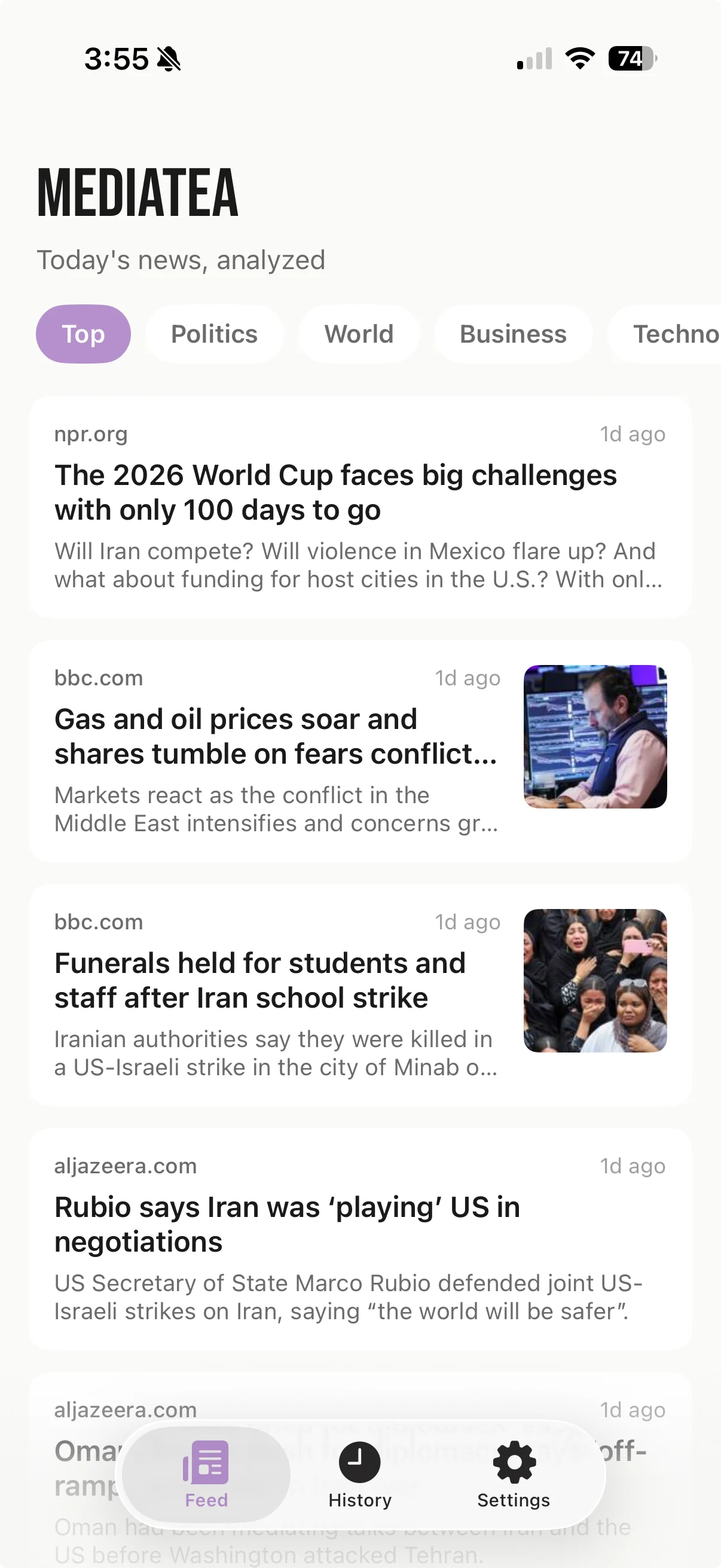 The first MediaTea aggregated feed displaying individual articles from NPR, BBC, and Al Jazeera in topic tabs.