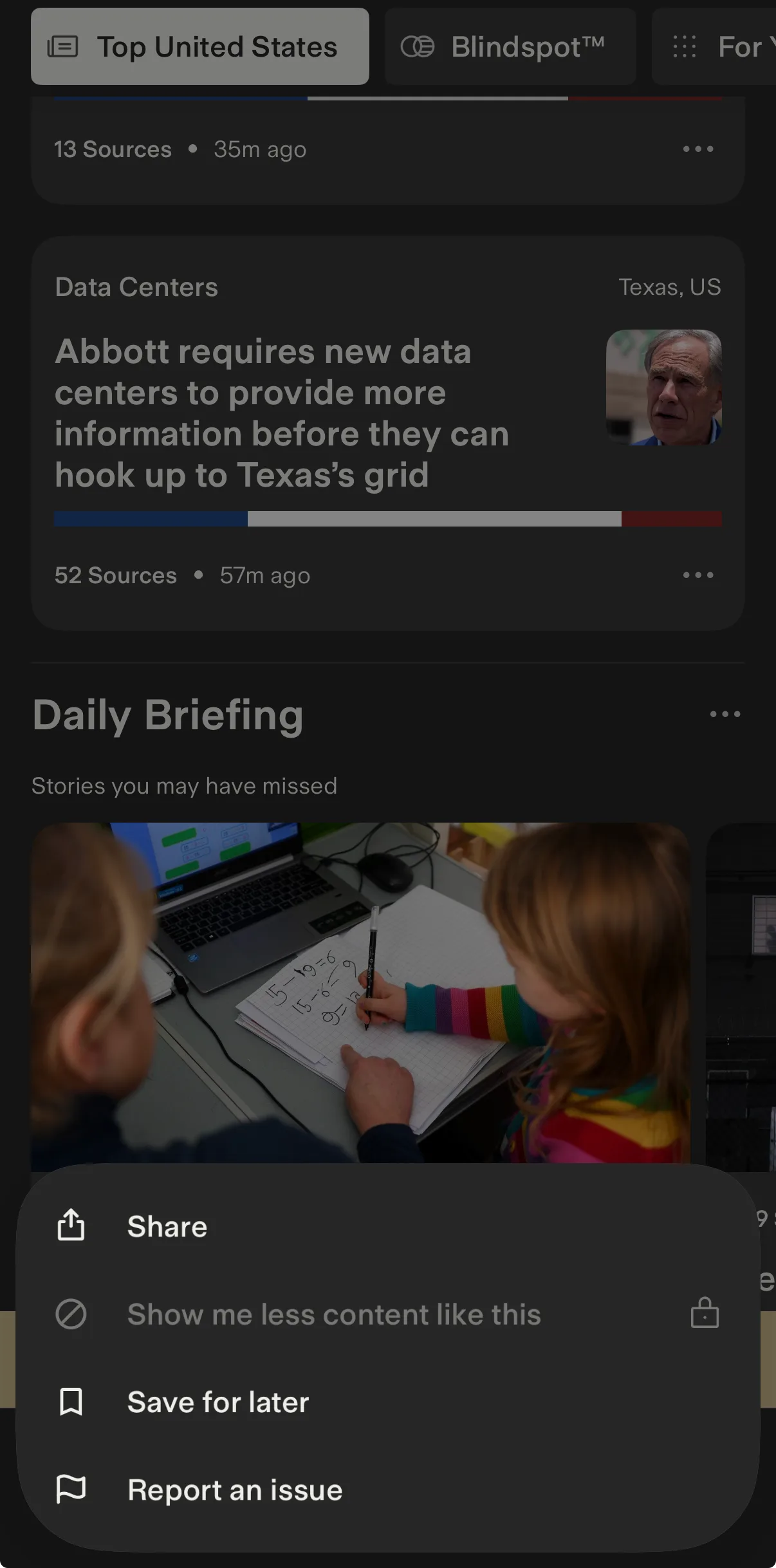 Ground News feed showing source-distribution bars and a locked Show me less content action.