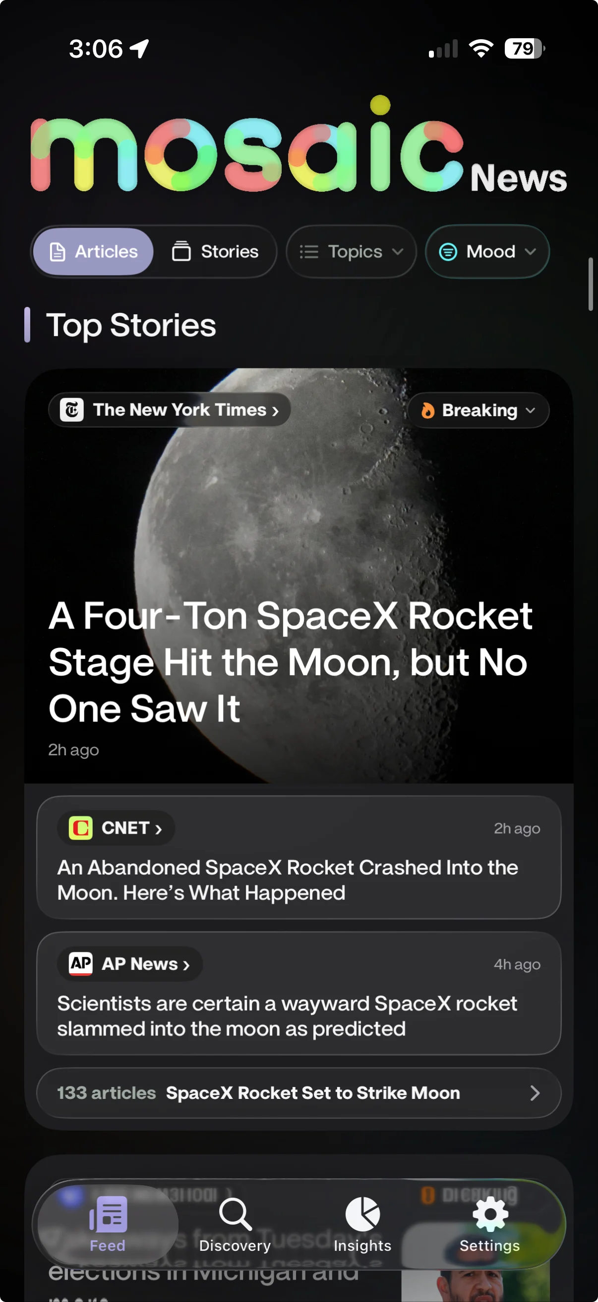 The current Mosaic News iOS home feed showing the product's unified editorial cards, glass controls, and visual hierarchy.