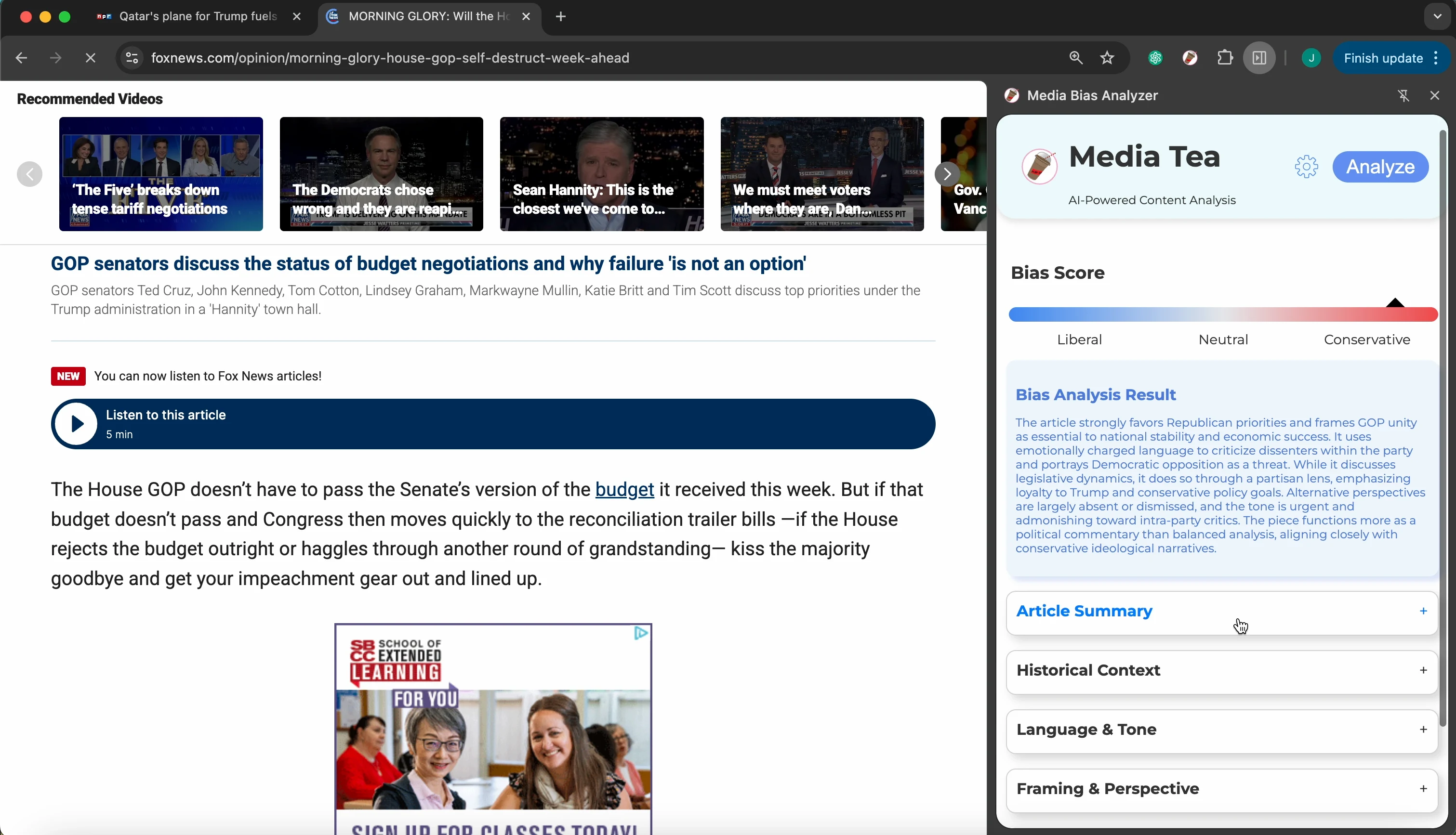 The Media Bias Analyzer Chrome side panel evaluating a Fox News article, including a conservative bias score, analysis result, summary, historical context, language and tone, and framing sections.