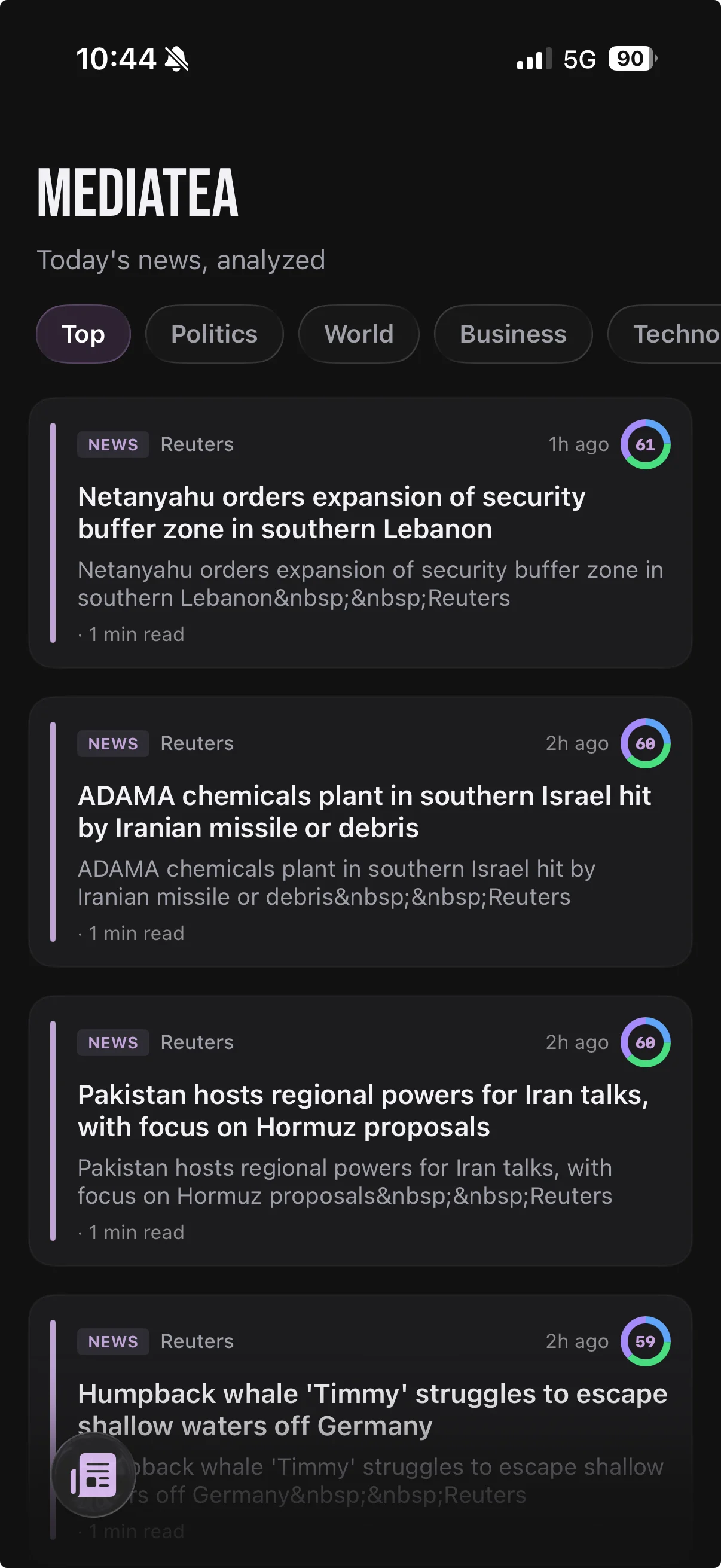 An early MediaTea feed implementation showing circular relevance-score badges on every article card.